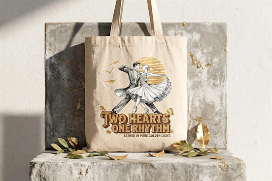Tote bag en toile beige Roaring 20s Paris avec illustration vintage d'un couple dansant, texte "Two Hearts One Rhythm"