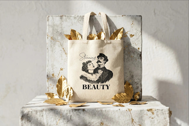 Tote bag en toile de coton beige avec illustration vintage noir et blanc d'un couple et le mot BEAUTY, par Roaring 20s Paris.