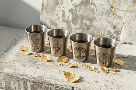 Roaring 20s Paris : lot de 4 verres à shot en acier inoxydable argenté avec motifs gravés (lion, boussole, arbre de vie, motif celtique).