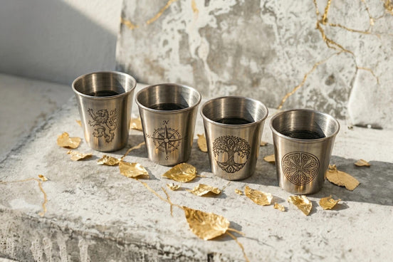 Roaring 20s Paris : lot de 4 verres à shot en acier inoxydable argenté avec motifs gravés (lion, boussole, arbre de vie, motif celtique).